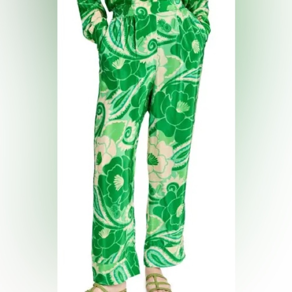 Farm Rio Tropical Groove Green‎ Yellow Floral Bold Wide Leg Flowy Resort Pants